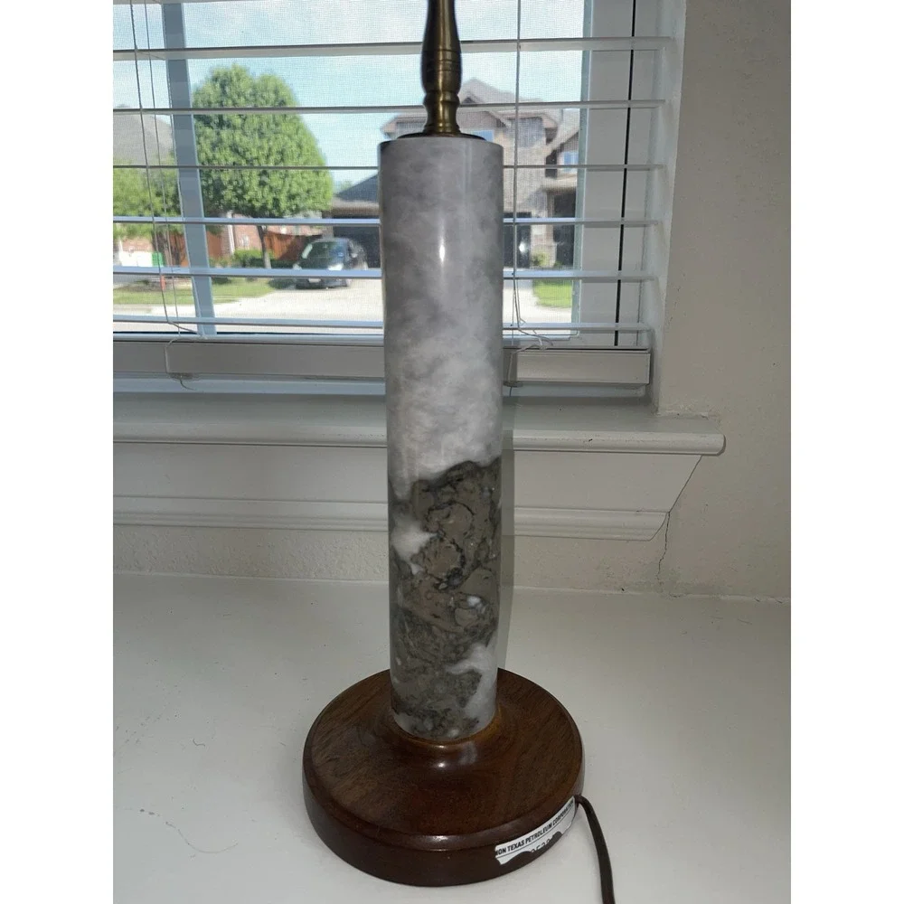 Vintage MCM Marble / Granite Lamp‎ With Wood Base & Lamp Shade